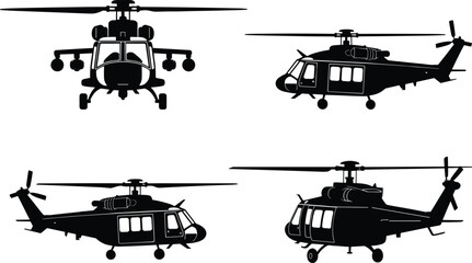 Set of Four Black Military Helicopter Silhouettes From Different Angles Isolated on White Background for Aviation Design, Army Transportation Graphics, and Tactical Aircraft Vector.