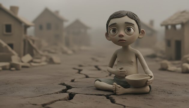 A poignant animated portrayal of a starving child in a desolate, cracked landscape, symbolizing the harsh realities of widespread famine and human suffering