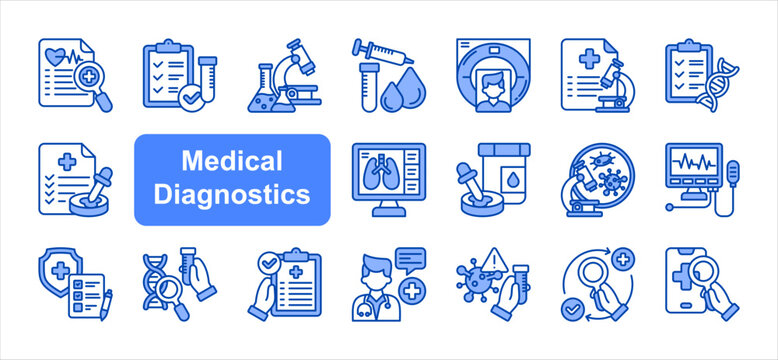 Medical Diagnostics web banner icon concept, with Imaging Diagnostics, Pathology Report, Genetic Testing.