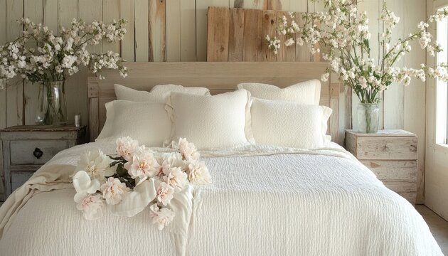 Quarto r&uacute;stico e elegante com cama aconchegante, len&ccedil;&oacute;is brancos, travesseiros macios e arranjos de flores naturais em tons past&eacute;is suaves.