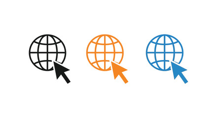 Fototapeta premium Globe and cursor icons displayed in black, orange, and blue vector graphic variations