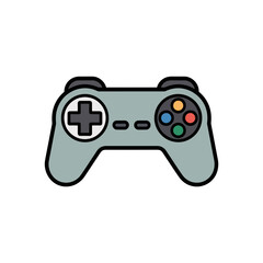 A minimalist vector illustration of a gray video game controller with colorful buttons on a white background