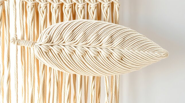 A close-up view of a macrame wall hanging with a leaf design