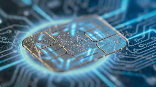 Macro Close-up of Credit Card EMV Chip with Dust Particles and Tech Blue Lighting