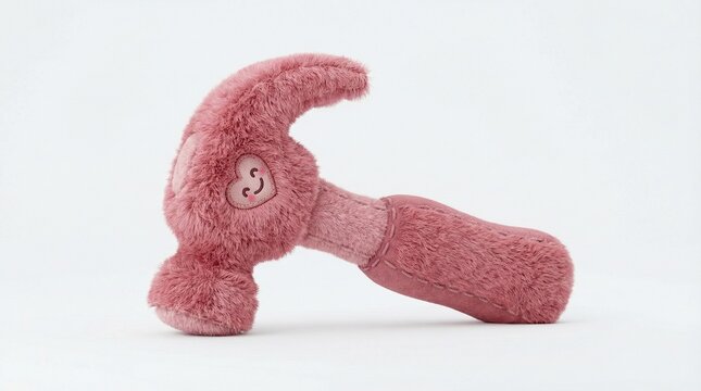 Humorous 3D Illustration of Soft Pink Plush Toy Fur Hammer - Soft Power Concept