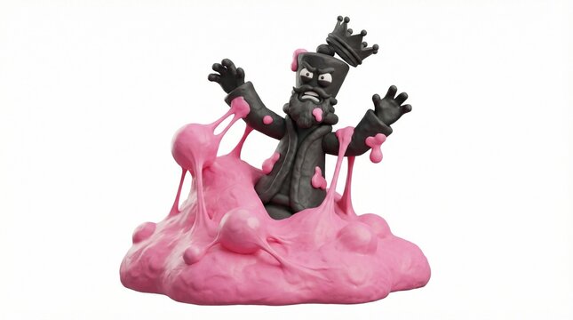 Humorous 3D Illustration of Chess King Stuck in Pink Bubblegum - Sticky Situation