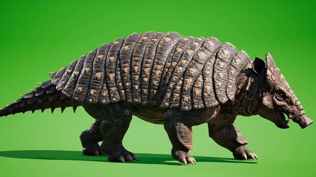 A detailed rendering of a prehistoric armored mammal resembling a glyptodon or giant armadillo.
