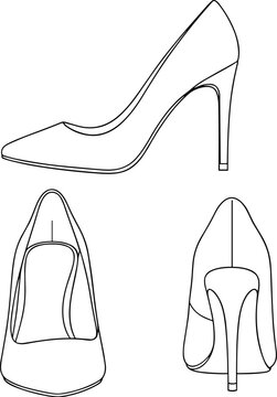 Elegant high heel stiletto shoes outline illustration set front back and side view isolated minimalist fashion line art design