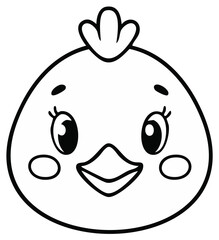 Fototapeta premium Cartoon chicken face illustration, black and white outline, smiling, cute.