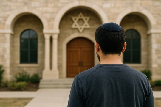 Contemplative man at synagogue entrance.