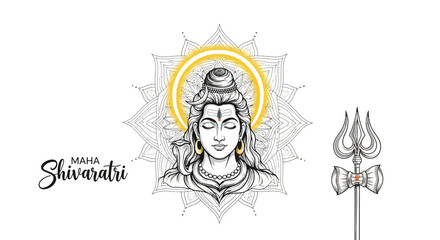 Maha Shivaratri illustration of Lord Shiva's face with a trident and sacred geometry, symbolizing the Hindu Festival of Shiva on a white background.
