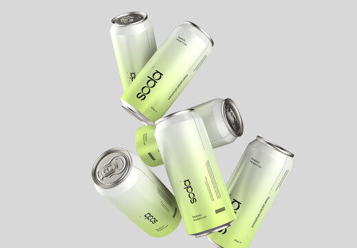 Floating Aluminum Beverage Soda Can Mockup Set for Branding and Packaging