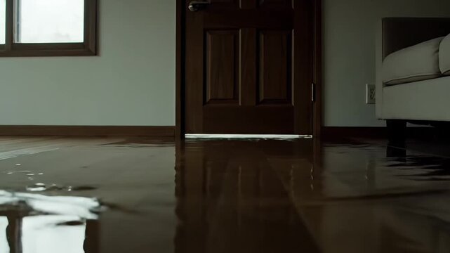 simple living room as flood water slowly enters under the door, focusing on water reflections on a plain floor
