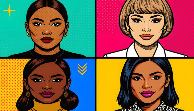 Modern Pop Art Illustration of Diverse Women Faces in Bold Colorful Grid