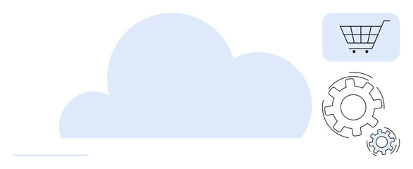 E-commerce, cloud technology, software solutions, online retail, automation, digital transformation. Large cloud alongside a shopping cart and gear icons. Cloud technology and e-commerce © robu_s