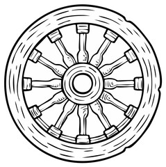 Obraz premium Cartoon Style Wooden Wagon Wheel Illustration, Vintage Transportation Icon, Isolated Rustic Wheel Element, Simple Graphic Design