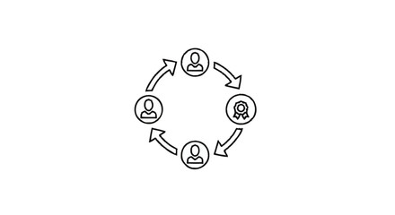 Circular diagram illustrating a continuous process with people and achievement icons.