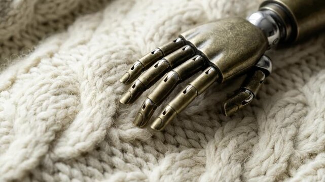 Robotic hand metal prosthetic artificial limb in wool sweater cable knit soft texture beige fabric cozy textile brass color cybernetic technology
