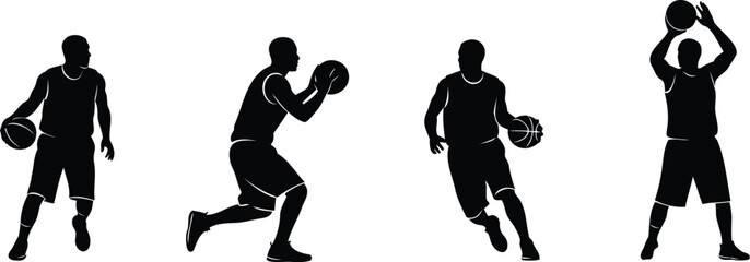 Energetic basketball player silhouettes in various game positions. Vector  © Ashes Studio