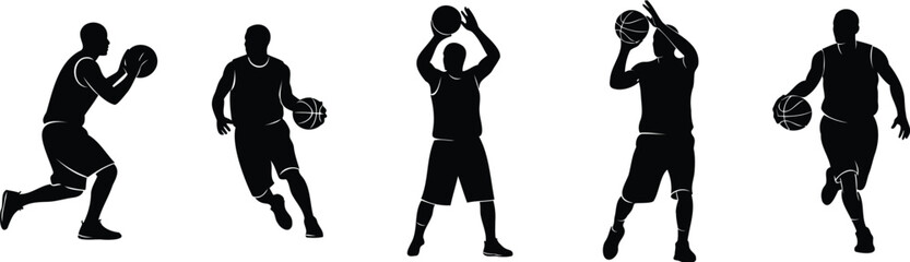 Basketball player silhouettes vector set featuring dynamic action poses. © Ashes Studio