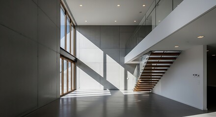 Modern minimalist interior with large windows and a sleek staircase design