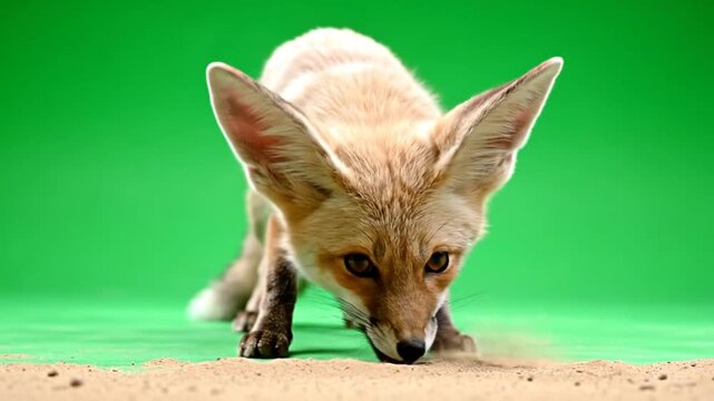 A fennec fox with large ears sniffing sand on a green screen background in a studio setting.