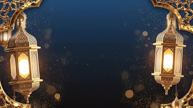 Luxurious Golden Islamic Lantern Frame on Dark Blue Background