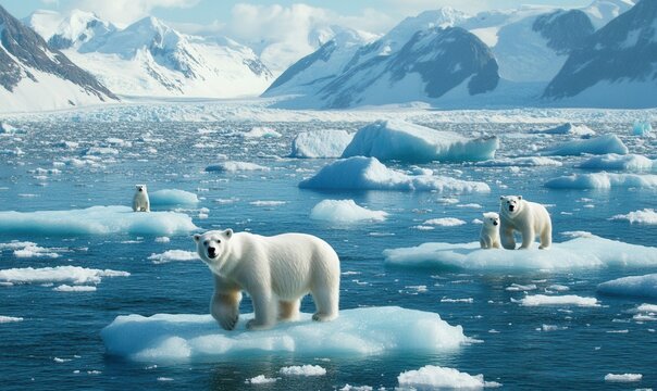 Ursos polares majestosos caminhando sobre blocos de gelo flutuantes no oceano &Aacute;rtico com montanhas nevadas ao fundo sob um c&eacute;u claro.