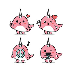 Cartoon narwhals showing peace signs and loving music in a playful style © SALEHA STOCK