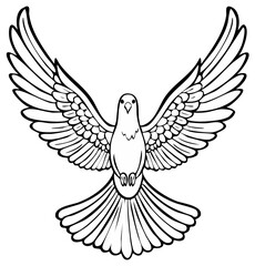 Obraz premium Black and white line drawing of a dove with outstretched wings in flight