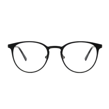 hyper-photorealistic shot of modern matte black metal round panto eyeglasses, showcasing reflective lenses and clean hinges, isolated on transparent. concept for commercial optical advertising