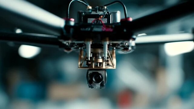 Drone with camera hovering in a workshop setting