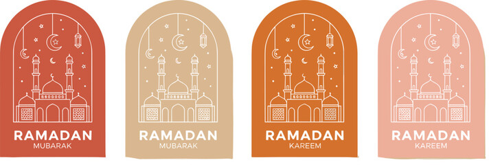 Ramadan Mubarak Arch Poster Vector Set Featuring Mosque Silhouette, Crescent Moon, Stars, and Minimal Islamic Ornament Design for Festive Greetings © MdMunzurul