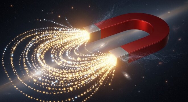 Red glossy horseshoe magnet attracting glowing golden particles with bright light trails on a dark background