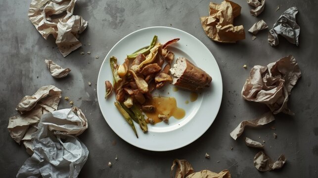 Partially eaten meal on a white plate surrounded by crumpled food wrappers and scraps on a grey surface a messy dining scene