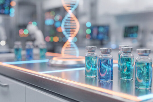 Futuristic Biotechnology Laboratory with DNA Helix Hologram and Medical Research Vials