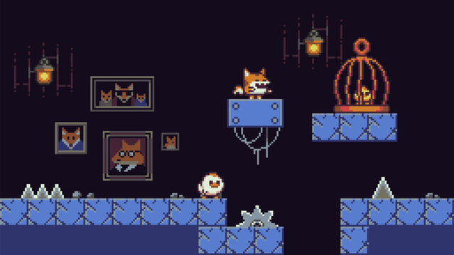 Pixel art platformer scene with chick character, fox enemies, lanterns, cage trap, gears and stone tiles. Retro side scrolling fantasy environment suitable for indie game level, dungeon map, UI backgr