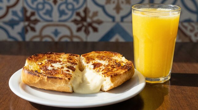 Traditional Brazilian toasted French bread with cream cheese (p&atilde;o na chapa) and orange juice.