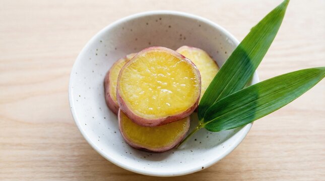 Steamed or boiled sweet potato slices with purple skin in a white bowl.
