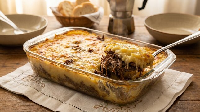 Traditional Brazilian Escondidinho (Shepherd's Pie) with dried meat and cassava pur&eacute;e.