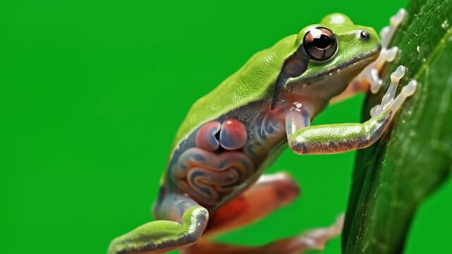 A translucent green tree frog showing its internal organs, perched on a leaf against a vibrant green background.