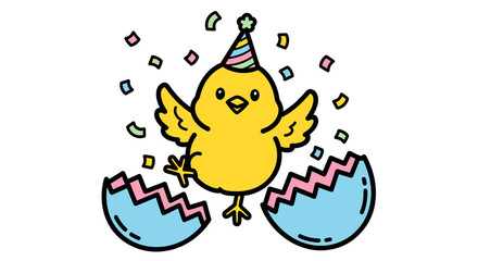 Fototapeta premium Cute baby chick hatching from egg wearing party hat with confetti isolated on transparent background