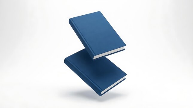 Two blue hardcover books floating in mid-air against a clean white background, conveying a sense of modern simplicity and elegance