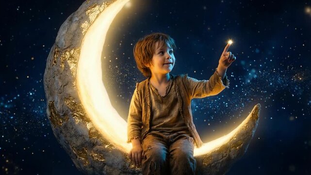 Little boy sitting on glowing moon pointing at stars in night sky