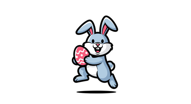 Cute cartoon easter bunny rabbit holding decorated egg jumping isolated on transparent background