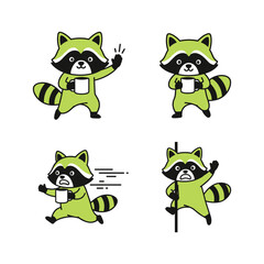 Naklejka premium Cartoon raccoons showing different emotions and actions in a minimalist style