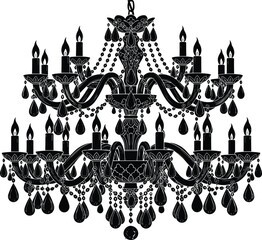 Elegant chandelier silhouette with candles and crystal drops isolated on white background, ornate black vector illustration for luxury interior decor and vintage lighting design.
