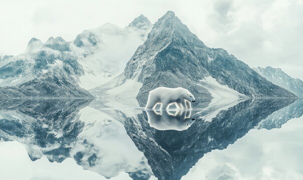 Urso polar caminhando sobre &aacute;guas calmas e espelhadas com montanhas nevadas majestosas ao fundo em uma paisagem &aacute;rtica serena e fria.