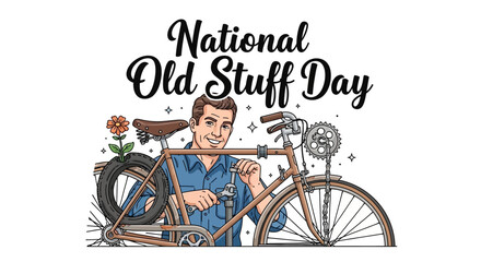 Man repairs bicycle on National Old Stuff Day to reuse and repurpose old items for donation.