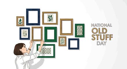 A woman holding and arranging various picture frames on National Old Stuff Day to recycle, reuse, or repurpose old items.